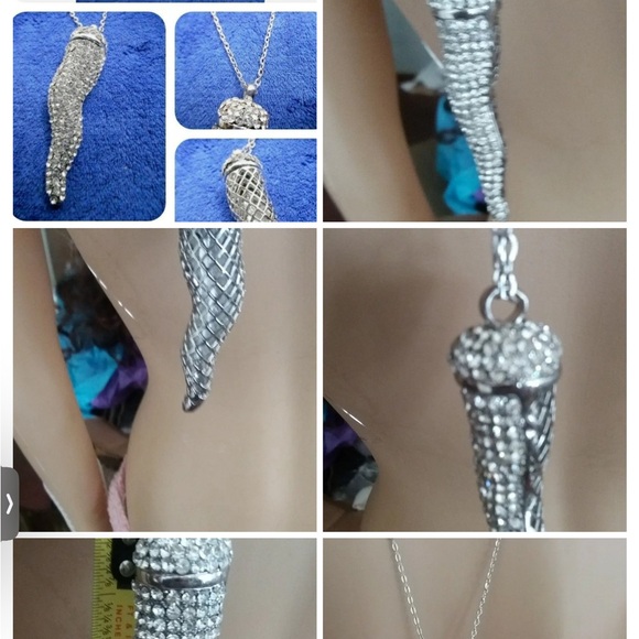 LRG Crystal Italian horn necklace unisex new silver back new - Picture 7 of 8